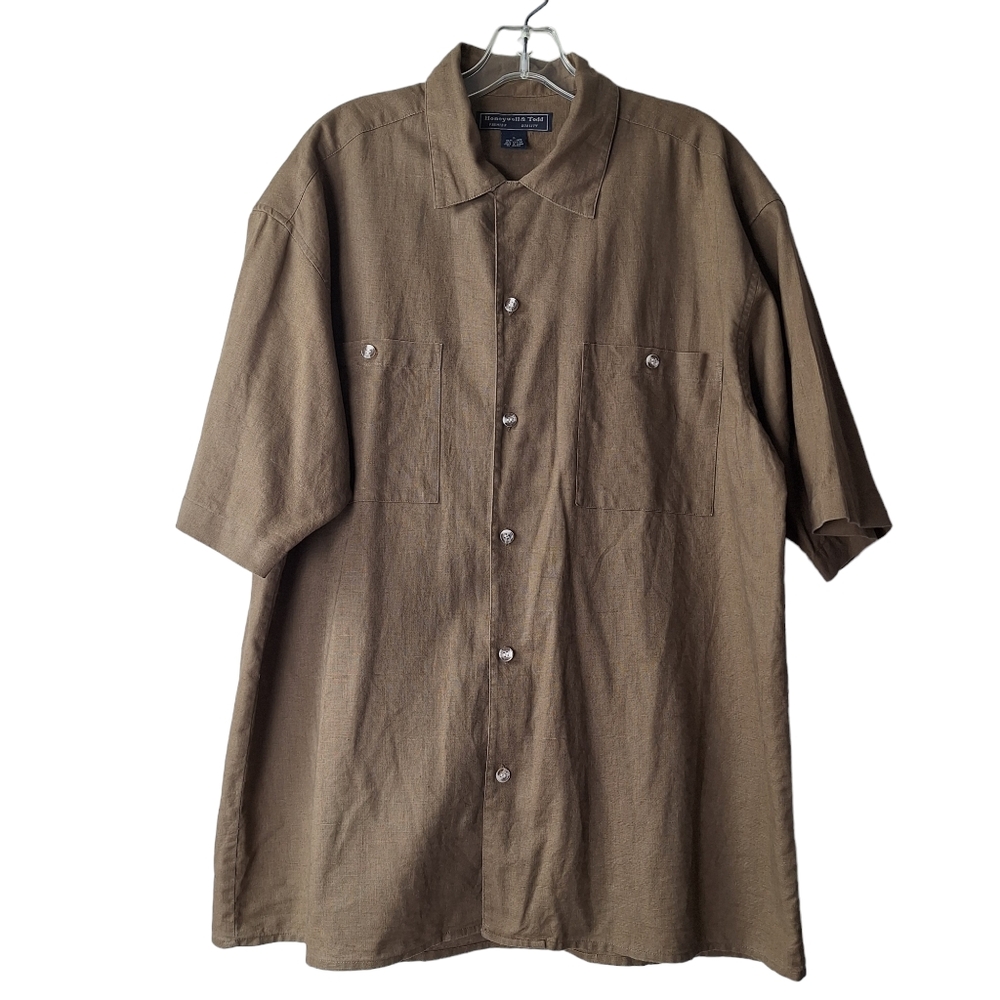 Honeywell & Todd‎ Large Brown Linen Cotton Blend Short Sleeve Button Down Shirt